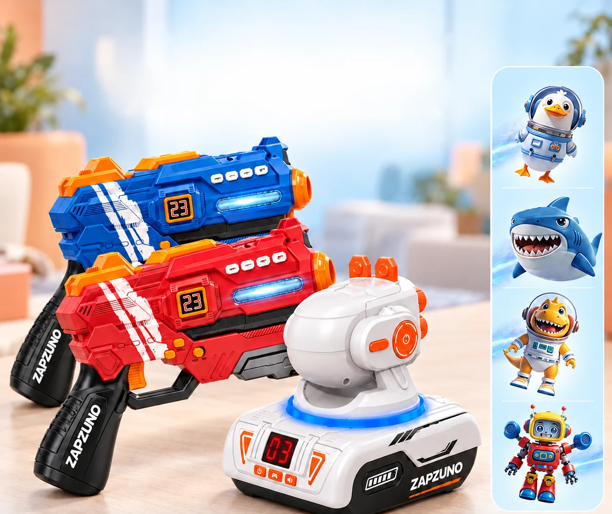 Pistolas de laser tag azul e vermelha ao lado do projetor, com os quatro personagens de alvo