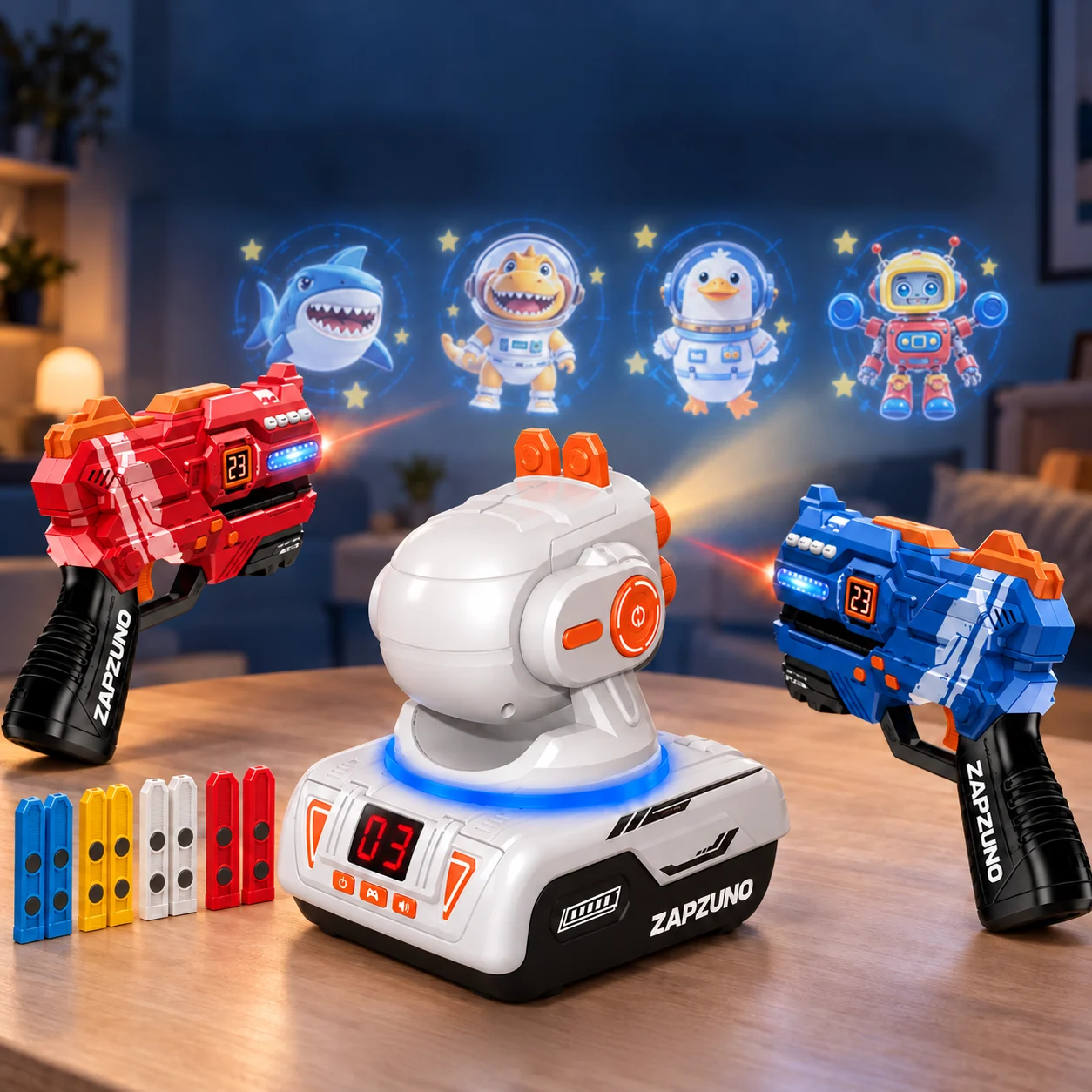 Projetor mostrando tubarão, dino, pinguim e robô na parede, com as duas pistolas