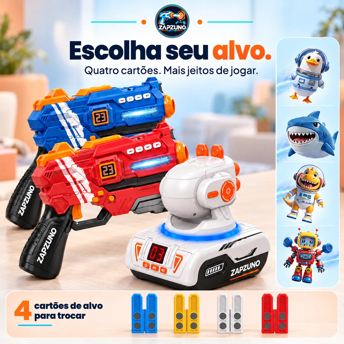 Os 4 cartões de alvo: tubarão, dinossauro, pinguim e robô