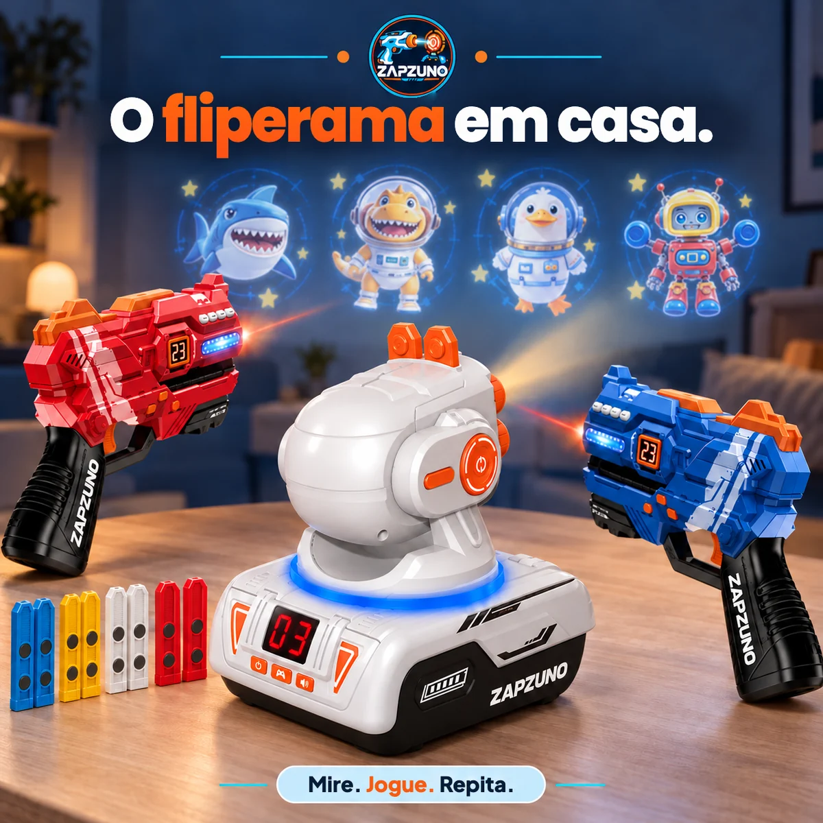 Projetor mostrando os alvos na parede da sala, com as duas pistolas