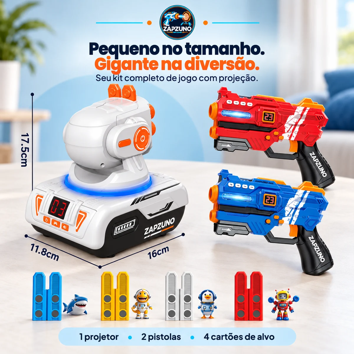 Kit completo: projetor, 2 pistolas e 4 cartões de alvo