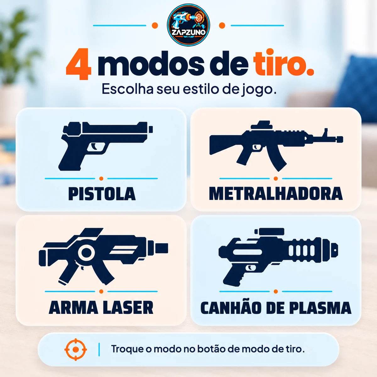 Os 4 modos de tiro da pistola: pistola, metralhadora, arma laser e canhão de plasma